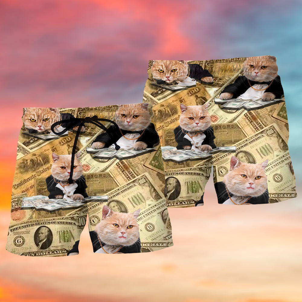 Vintage Money Cat Fun Beach Shorts Pattern View For Resort Days And Outdoor Activities