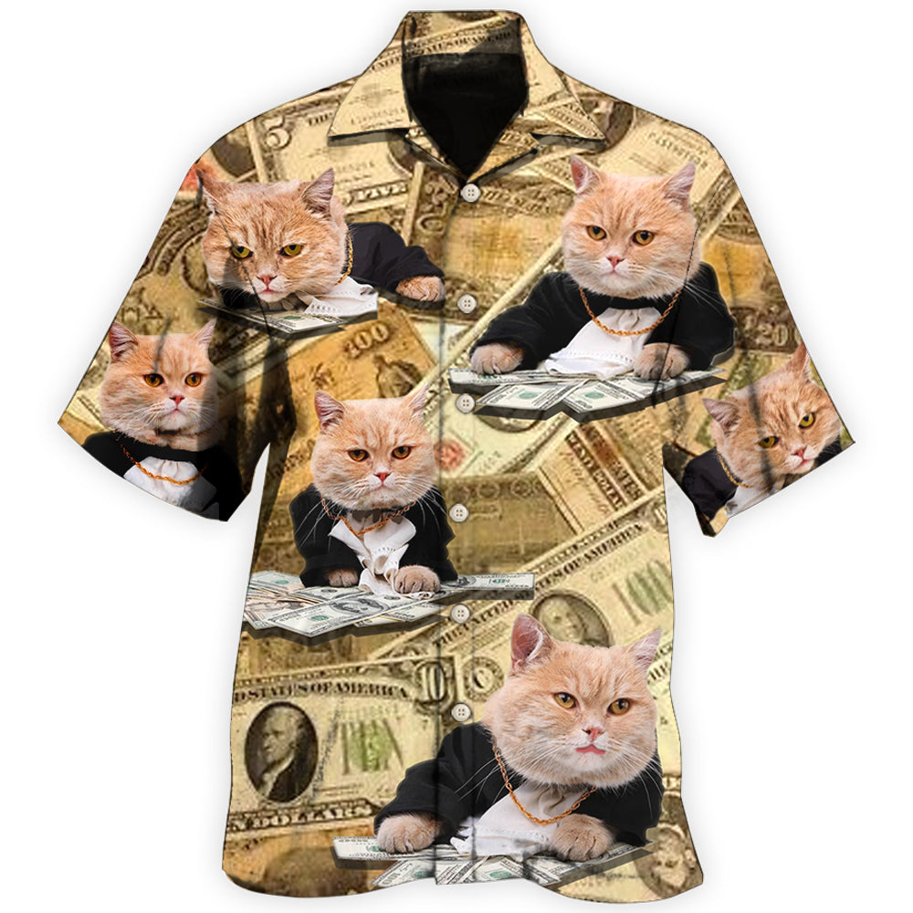 Vintage Creative Lucky Money Cat Hawaiian Shirt For Summer Vacation, Beach Travel, And Casual Wear