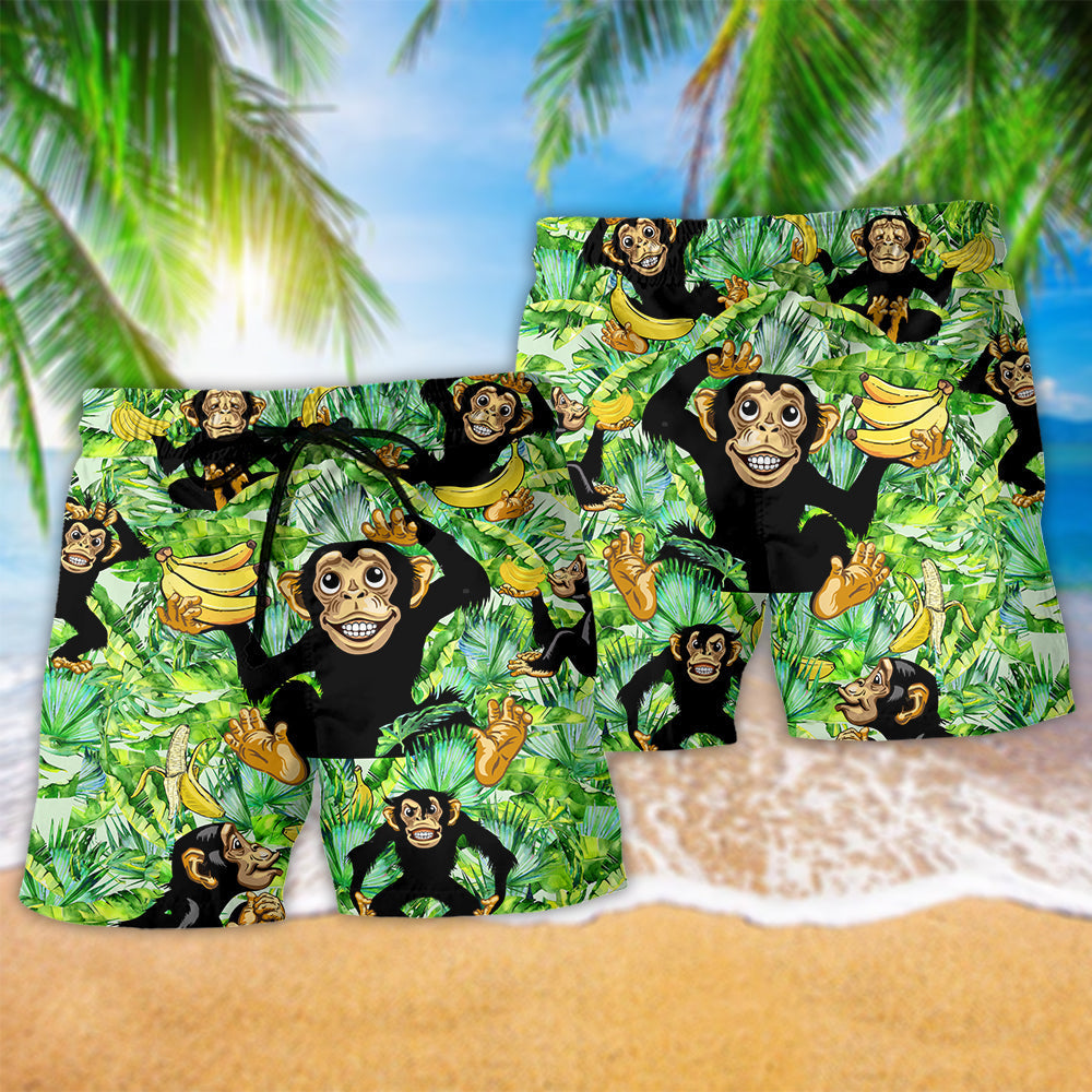 Monkey Loves Banana Troipcal Leaves Hawaiian Beach Shorts For Tropical Vacation Wear