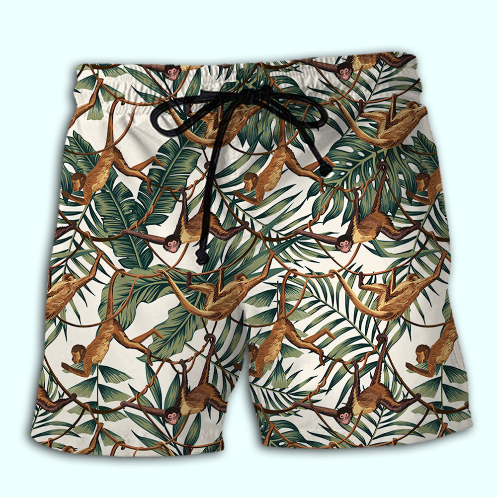 Monkey Tropical Leaves Vibes Beach Shorts Artwork Detail For Casual Warm Weather Outfits