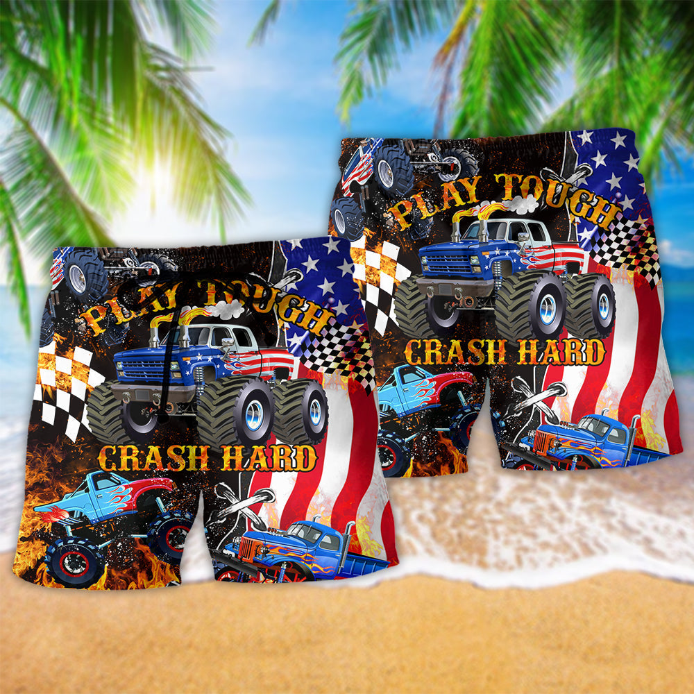Monster Truck Tough Play Hard Action Beach Shorts Artwork Detail For Comfortable Everyday Summer Wear