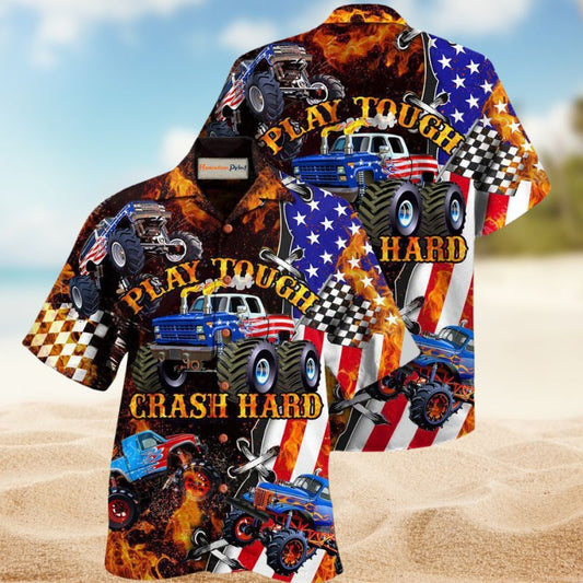 Monster Truck Play Tough Crash Hard Hawaiian Shirt For Resort Travel Scenic Drives And Casual Summer Wear
