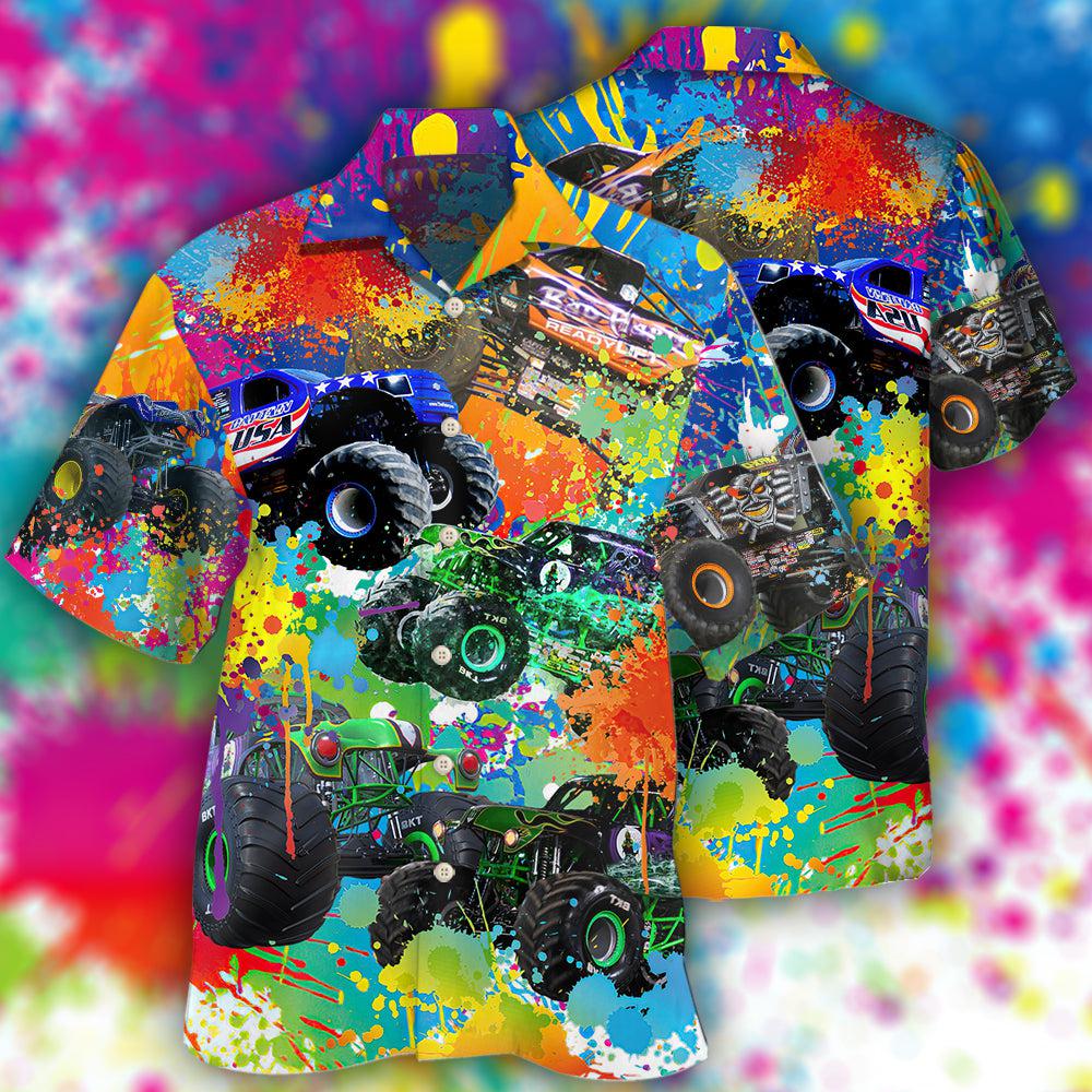 Colorful Watercolor Truck Monster Hawaiian Shirt Design Detail For Beach Days And Holiday Travel