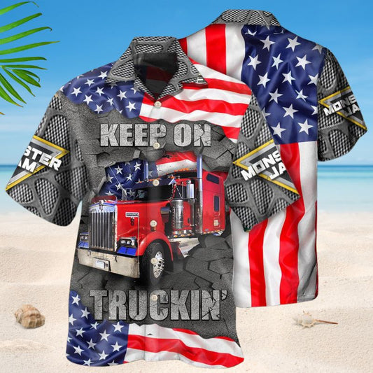 American Monster Truck Hawaiian Shirt For Patriotic Events, Summer Travel, And Casual Outdoor Wear