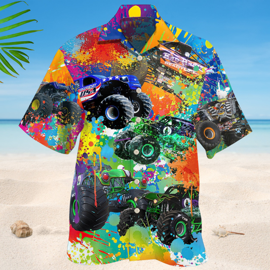 Colorful Monster Truck Hawaiian Shirt For Tropical Holidays, Outdoor Gatherings, And Everyday Comfort