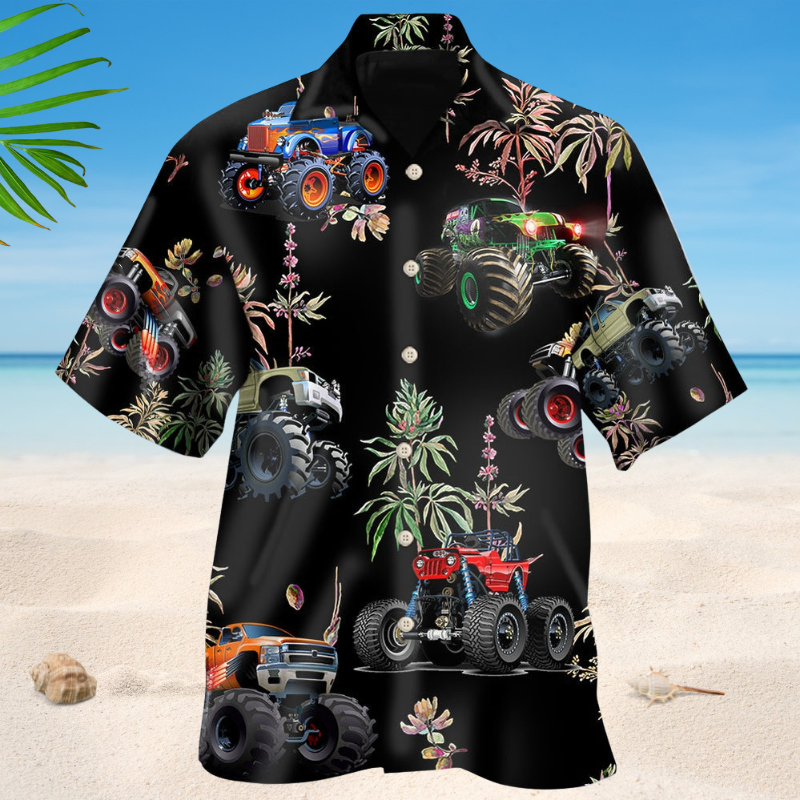 Tropical Monster Truck Hawaiian Shirt For Summer Vacation, Beach Travel, And Casual Wear