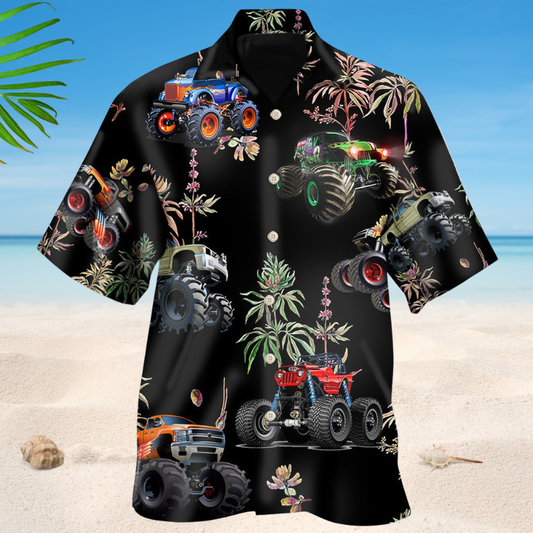 Tropical Monster Truck Hawaiian Shirt For Summer Vacation, Beach Travel, And Casual Wear