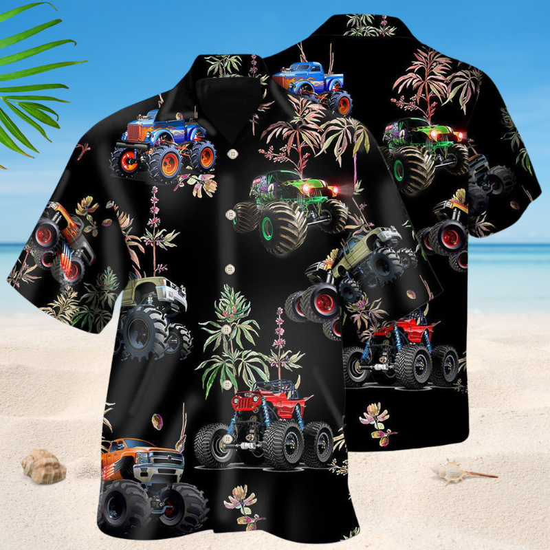 Tropical Monster Truck Hawaiian Shirt For Summer Vacation, Beach Travel, And Casual Wear