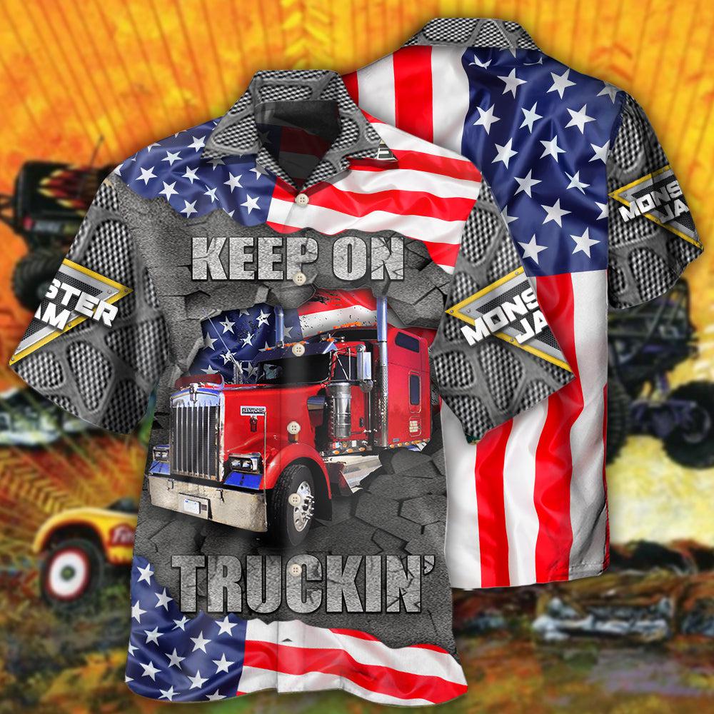 Truck Monster Truckin American Hawaiian Shirt Pattern Detail For Vacation Travel And Daily Wear