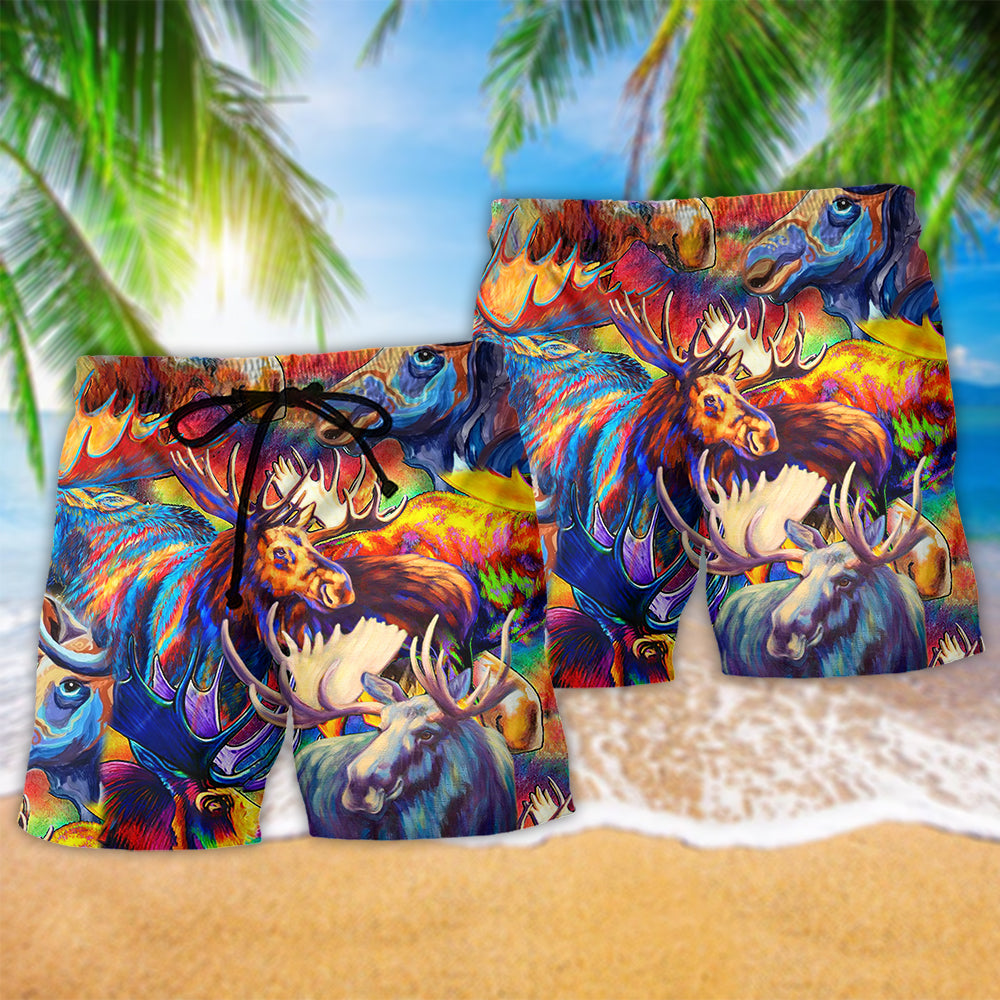 Moose Beautiful Painting Color Hawaiian Print Beach Shorts For Beach Days And Casual Travel