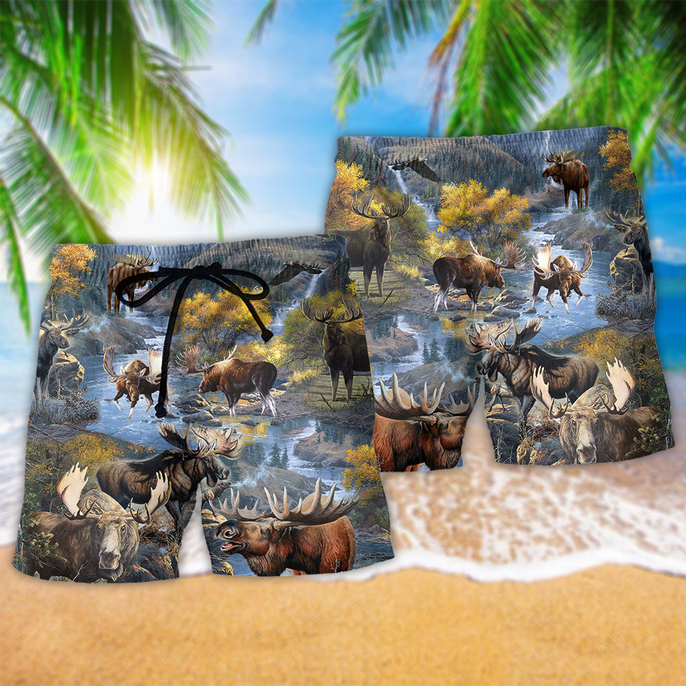 Moose Make Me Happy Hawaiian Print Beach Shorts For Animal Lover Vacation Wear