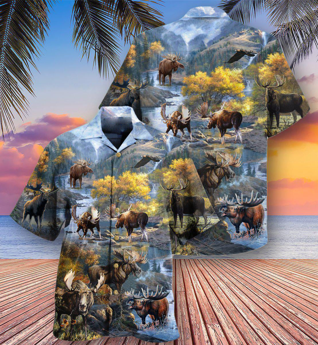 Happy Moose Everyday Hawaiian Shirt Pattern View For Lightweight Everyday Style