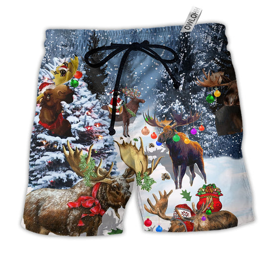 Moose Merry Christmas Forest Hawaiian Print Beach Shorts For Festive Vacation Wear