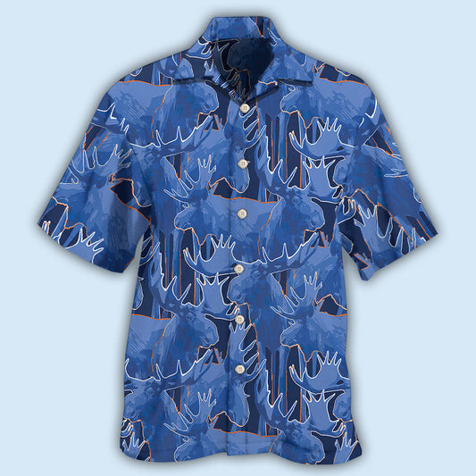 Creative Blue Moose Wildlife Design Hawaiian Shirt For Island Vacations, Resort Wear, And Relaxed Seasonal Style