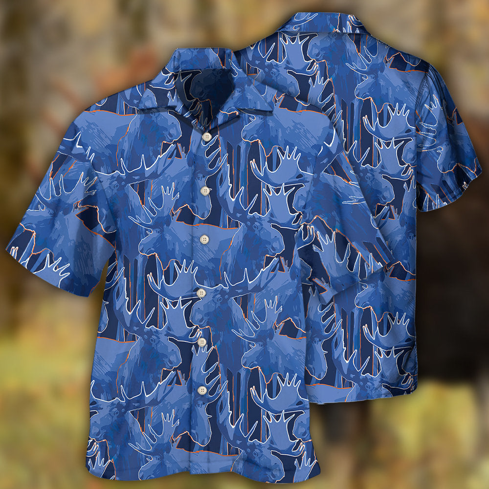 Creative Blue Moose Wildlife Design Hawaiian Shirt For Island Vacations, Resort Wear, And Relaxed Seasonal Style