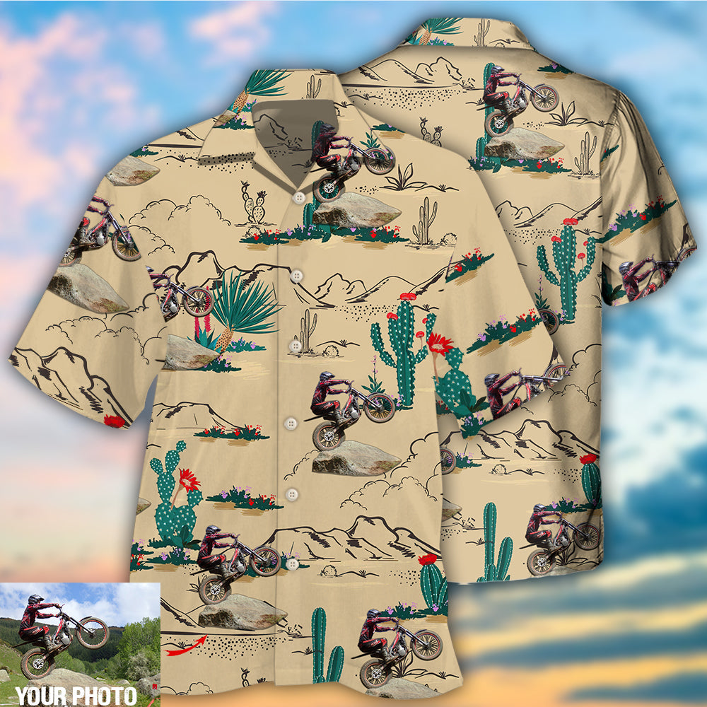 Motorcycle Trials Desert Photo Hawaiian Shirt For Automotive Enthusiasts, Coastal Trips, And Casual Warm Weather Style