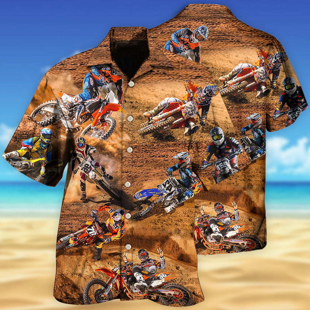 Motocross Racing Hawaiian Shirt For Automotive Enthusiasts, Coastal Trips, And Casual Warm Weather Style