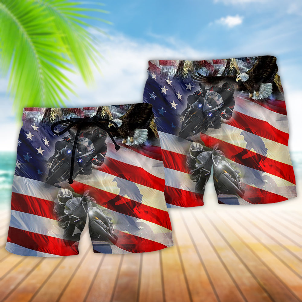 Motorcycle Independence Day Freedom Beach Shorts Artwork View For Seaside Trips And Casual Style
