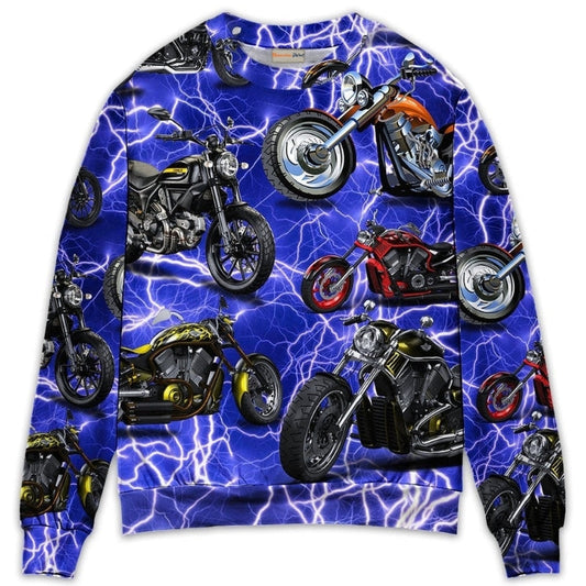 Motorcycle Lightning Blue Sweater For Vehicle Lovers Holidays Weekend Trips And Comfortable Wear