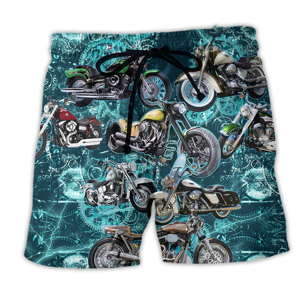 Motorcycle Ride Beach Shorts Artwork Detail For Casual Warm Weather Outfits