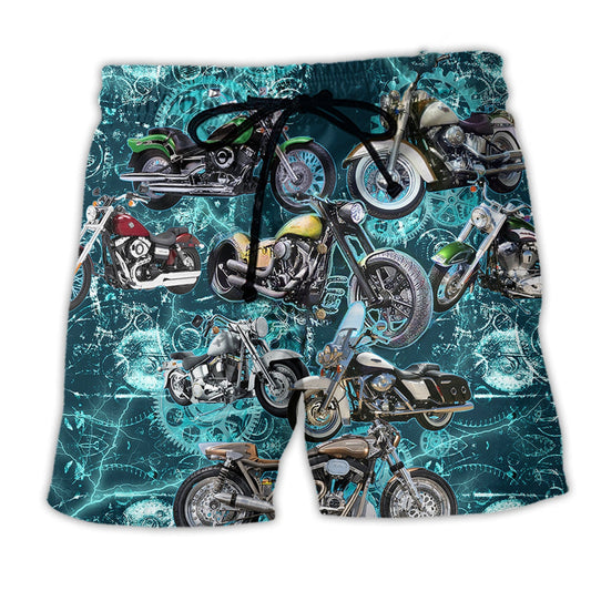 Motorcycle Ride Beach Shorts Artwork Detail For Casual Warm Weather Outfits