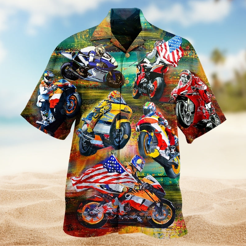 Motorcycle Racing Hawaiian Shirt For Island Vacations, Resort Wear, And Relaxed Seasonal Style