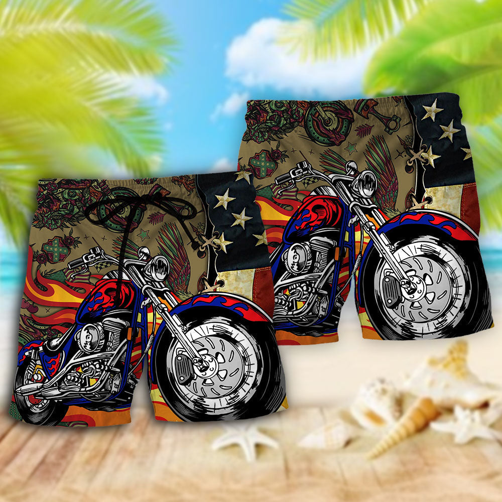 Motorcycle US Flag Beach Shorts Artwork View For Seaside Trips And Casual Style
