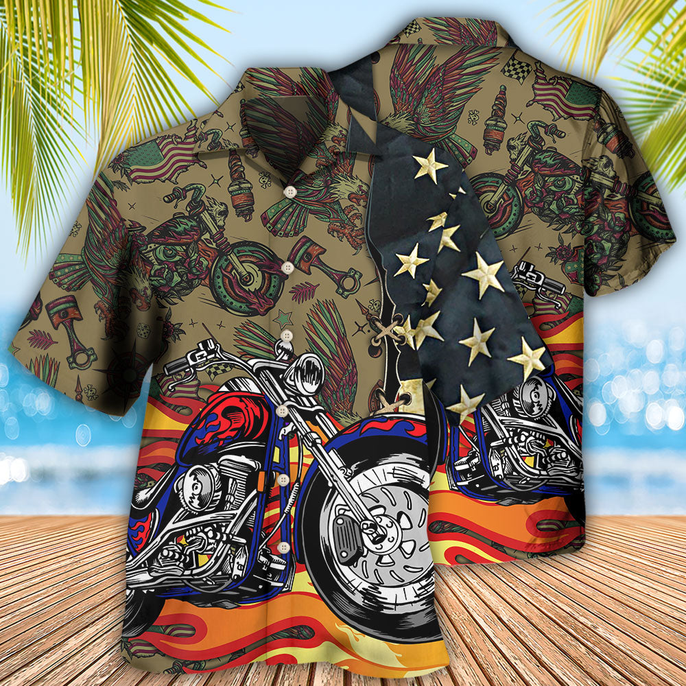 Motorcycle US Flag Hawaiian Shirt For Summer Vacation And Beach Travel