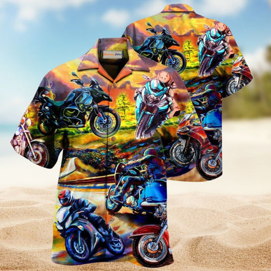 Motorcycle Under The Sunset Hawaiian Shirt For Coastal Outings Automotive Fans And Warm Weather Style