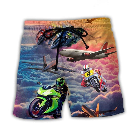 Motorcycle And Airplane Dream Sky Beach Shorts Print Detail For Beach Activities And Vacation Wear