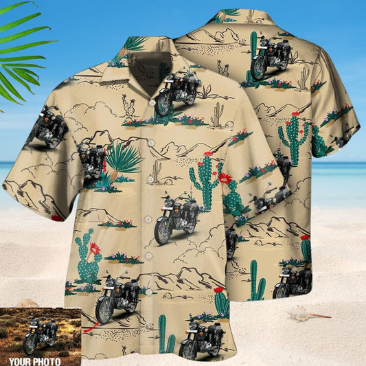 Motorcycle Desert Photo Hawaiian Shirt For Racing Fans, Summer Outings, And Relaxed Vacation Wear