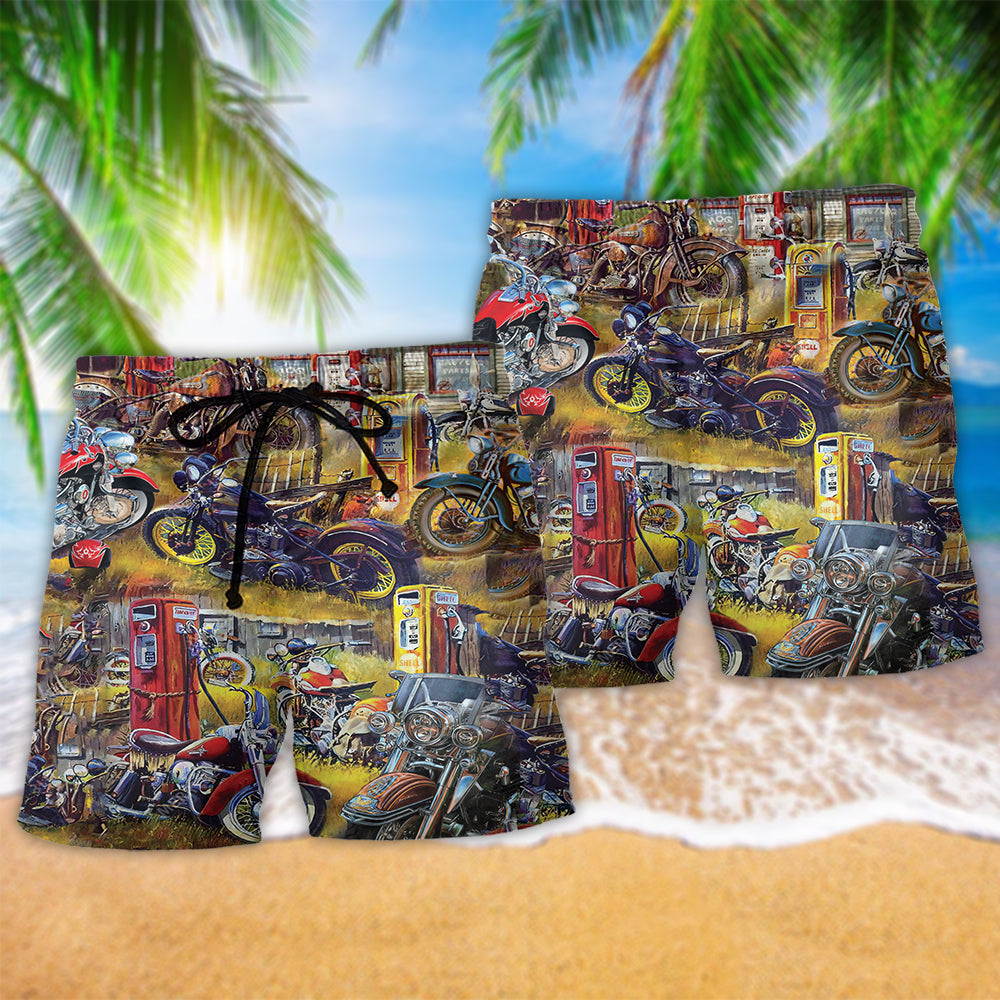 Motorcycle In The Field Hawaiian Print Beach Shorts For Weekend Getaways And Travel