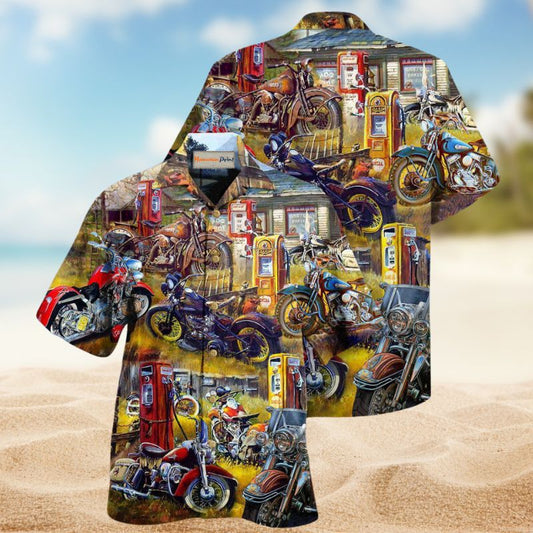 Motorcycles In The Field Hawaiian Shirt For Tropical Holidays Resort Trips And Everyday Summer Style