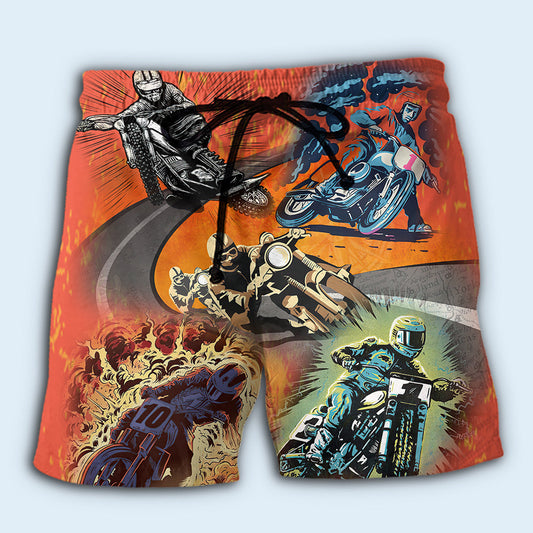 Motorcycle Fire Orange Beach Shorts Design Detail For Motorsport Fans And Vacation Style