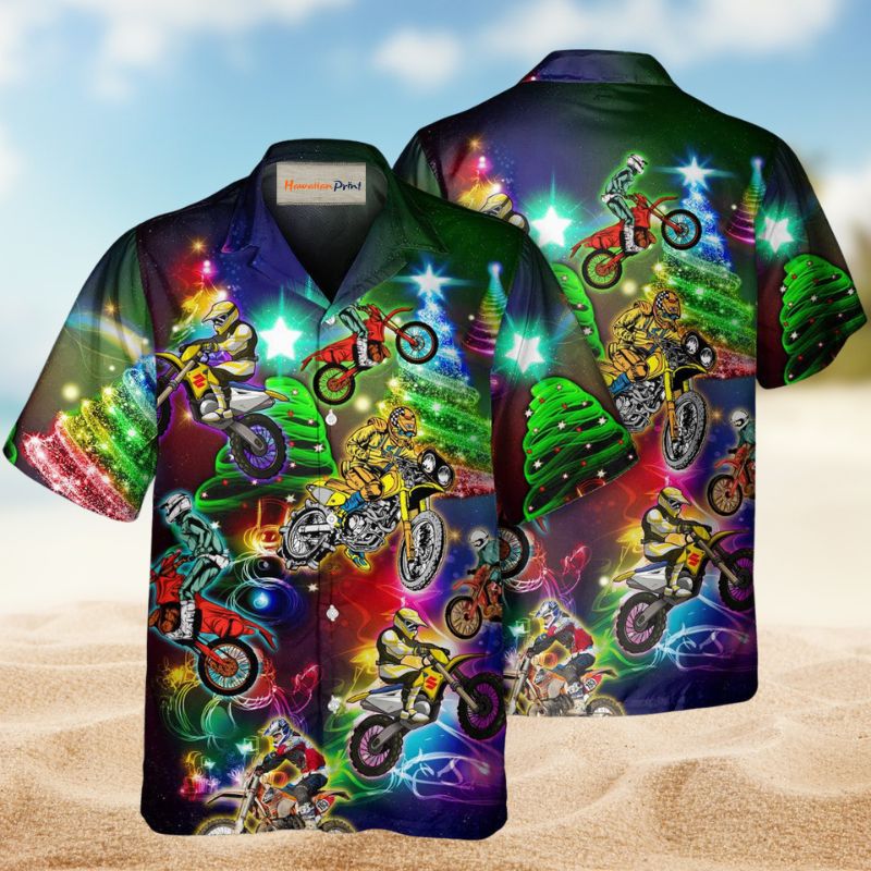 Festive Motorsport Christmas Hawaiian Shirt For Winter Celebrations, Beach Travel, And Relaxed Holiday Wear