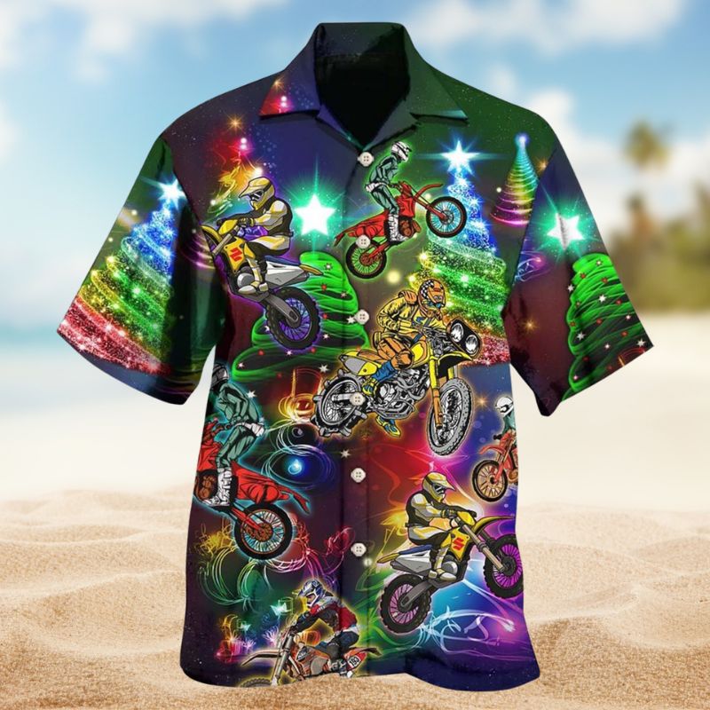 Festive Motorsport Christmas Hawaiian Shirt For Winter Celebrations, Beach Travel, And Relaxed Holiday Wear