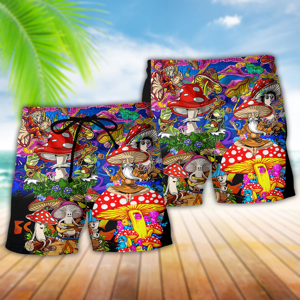 Happy Together Mushroom Hippie Color Beach Shorts Artwork Detail For Tropical Travel And Everyday Wear