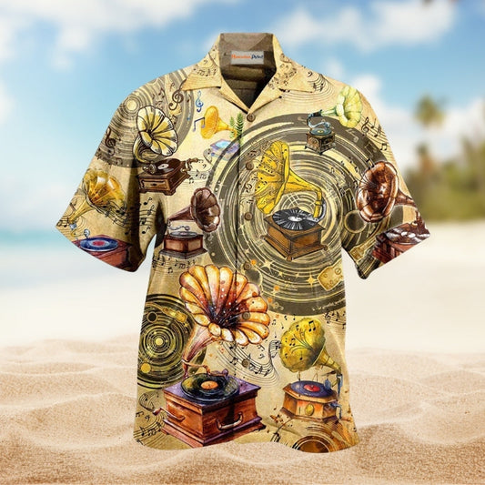 Music All About Gramophone Vinyl Records Hawaiian Shirt For Coastal Vacations Live Music Fans And Everyday Wear