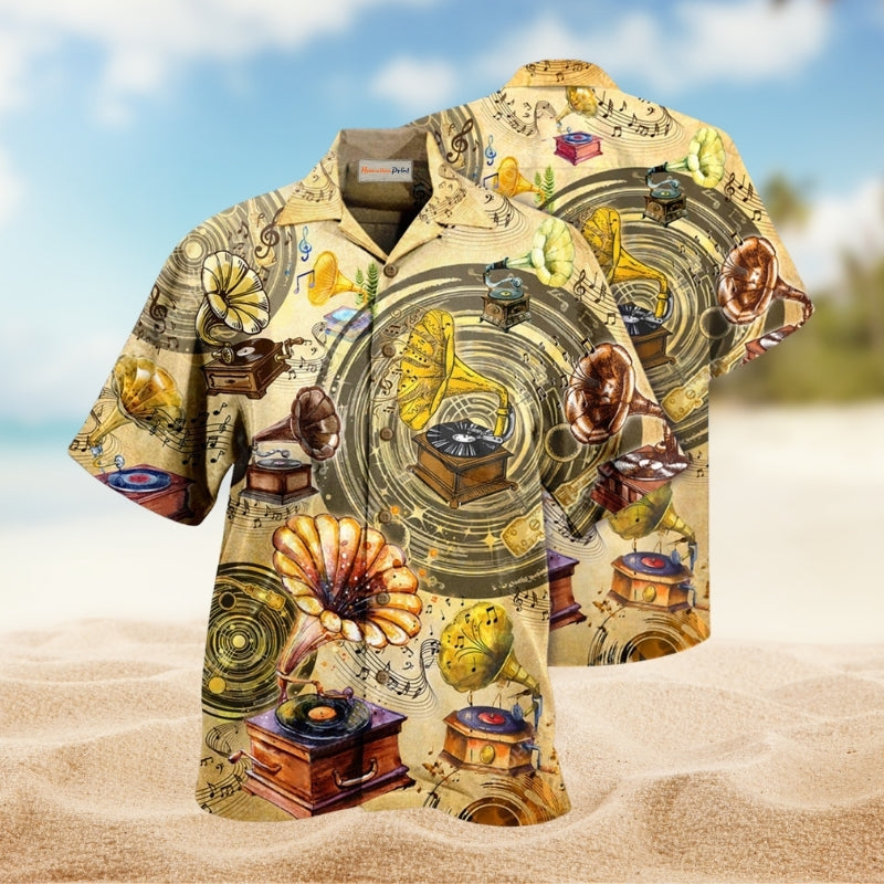 Music All About Gramophone Vinyl Records Hawaiian Shirt For Coastal Vacations Live Music Fans And Everyday Wear