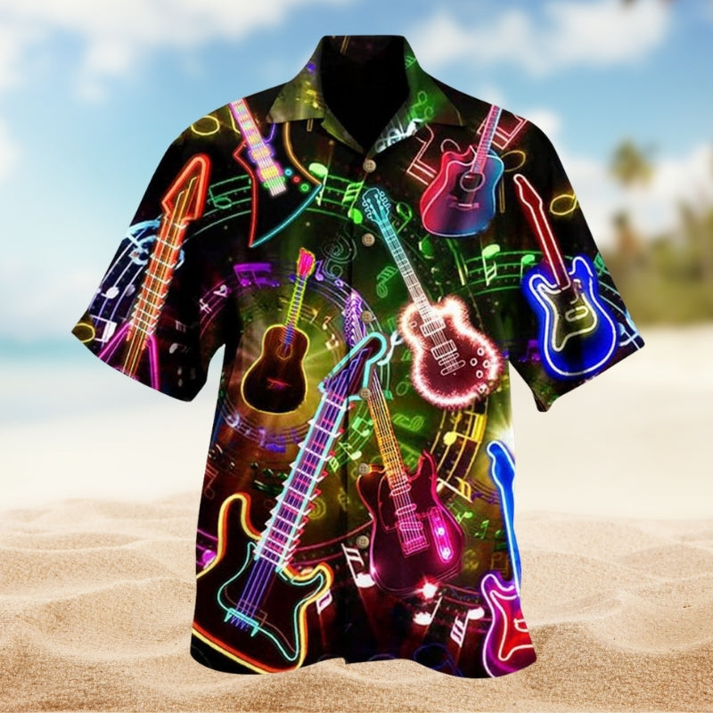 Music Guitar Detailed Graphic Hawaiian Shirt For Festival Travel, Beach Gatherings, And Relaxed Summer Style