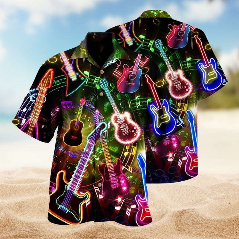 Music Guitar Detailed Graphic Hawaiian Shirt For Festival Travel, Beach Gatherings, And Relaxed Summer Style