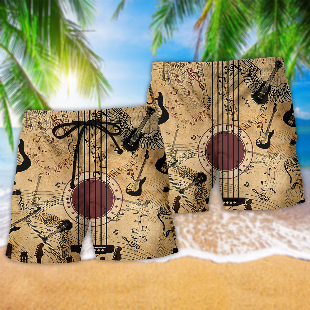 Vintage Music Guitar Beach Shorts Pattern Detail For Tropical Escapes And Relaxed Casual Wear