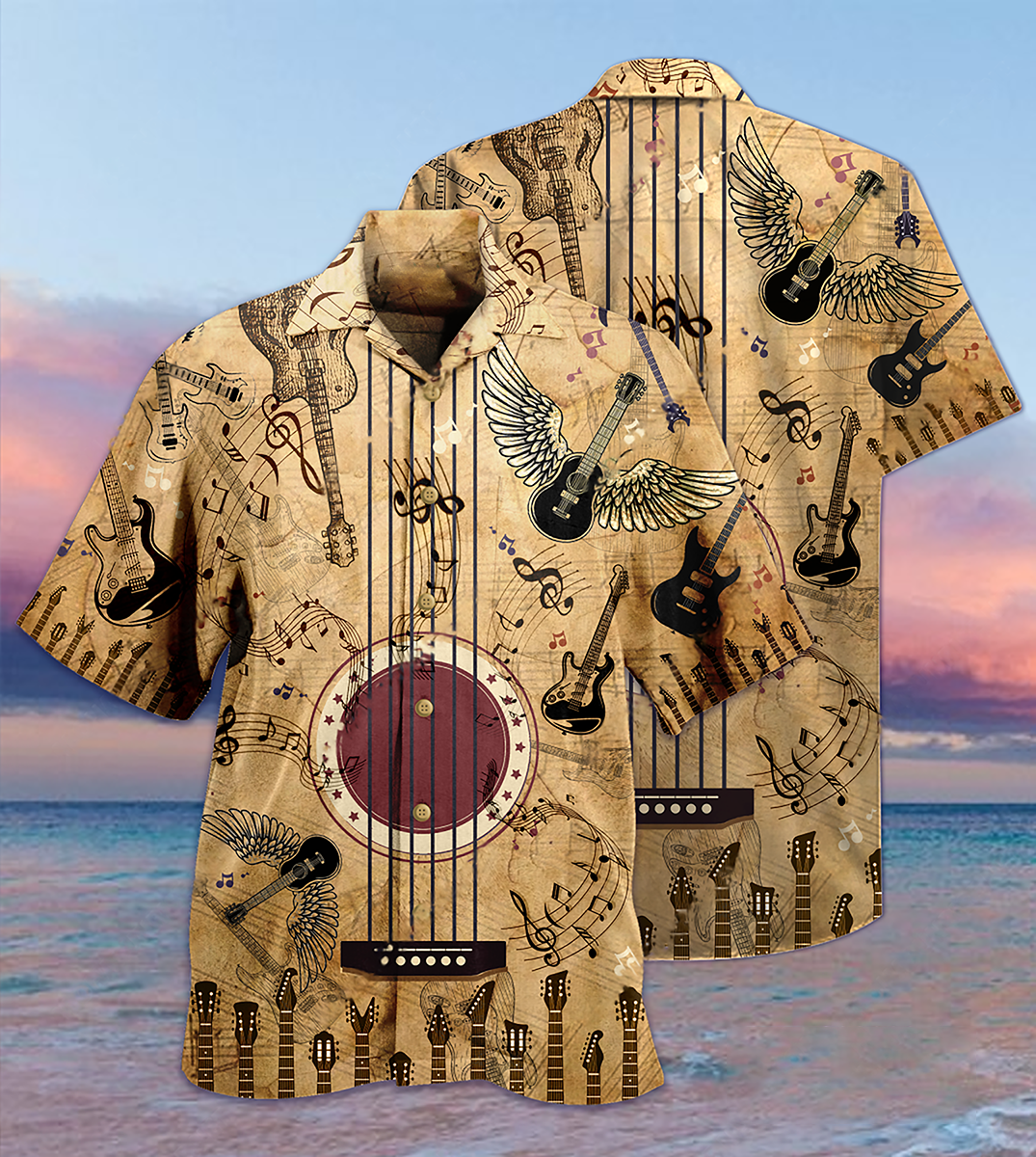 Vintage Guitar Hawaiian Shirt With All Over Print For Tropical Parties Vacation Travel And Casual Summer Style