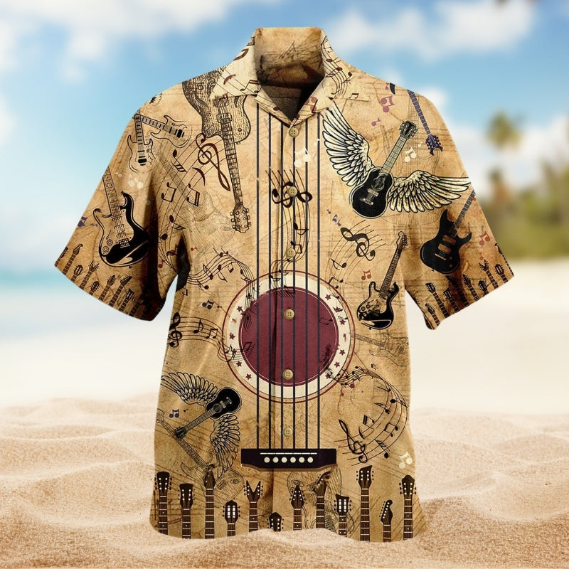 Vintage Music Guitar Hawaiian Shirt For Island Vacations, Resort Wear, And Relaxed Seasonal Style