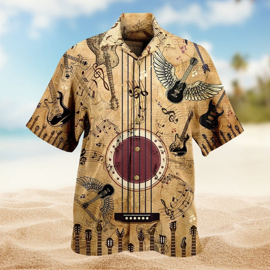 Vintage Music Guitar Hawaiian Shirt For Island Vacations, Resort Wear, And Relaxed Seasonal Style