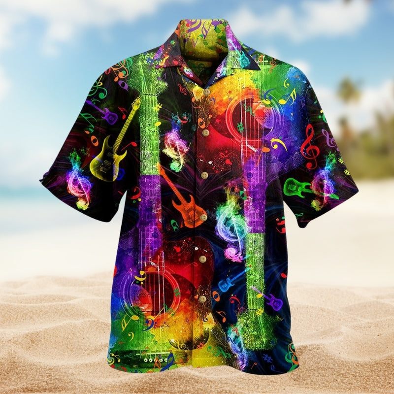 Music Guitar Detailed Graphic Hawaiian Shirt For Music Fans, Resort Parties, And Warm Weather Events