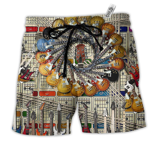 Music And Electric Guitar Style Hawaiian Print Beach Shorts For Summer Festivals And Travel