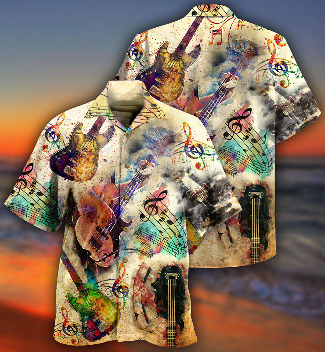 Bass Guitar Hawaiian Shirt With All Over Print For Beach Vacations Casual Parties And Warm Weather Style
