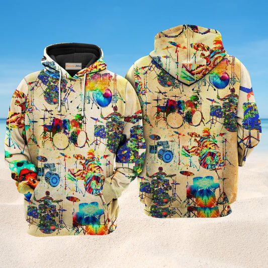 Colorful Vintage Music Drum Hoodie For Rehearsals Weekend Outings And Comfortable Streetwear