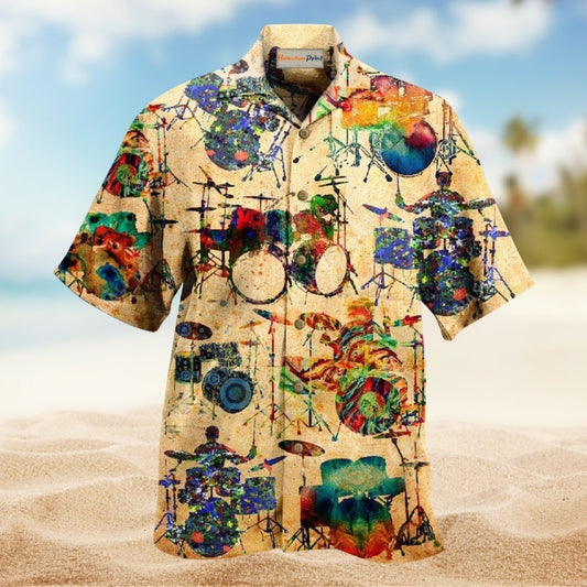 Music Colorful Vintage Drum Hawaiian Shirt For Beach Holidays Music Events And Relaxed Resort Style